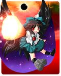  arm_cannon asymmetrical_clothes black_hair black_wings bow cape eyes hair_bow long_hair mismatched_footwear nisu red_eyes reiuji_utsuho solo touhou weapon wings 