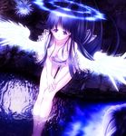  angel bad_id bad_pixiv_id blue_hair dress flower highres long_hair looking_up original purple_eyes solo tom_(1art.) very_long_hair water wings 