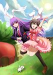  \o/ ^_^ animal_ears arms_up brown_hair bunny bunny_ears carrot closed_eyes dress happy inaba_tewi jumping long_hair multiple_girls outstretched_arms purple_hair red_eyes reisen_udongein_inaba themed_object thighhighs touhou w_rong 