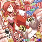  album_cover beatmania beatmania_iidx blush cover elbow_gloves food gloves long_hair one_eye_closed pink_eyes red_hair rondo_umigame solo sweets thighhighs two_side_up umegiri_ameto 