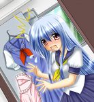  alternate_costume blue_hair kagura_chitose kamishirasawa_keine long_hair pink_eyes school_uniform solo touhou 