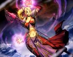 armor blonde_hair blood_elf breasts cleavage elf genzoman gloves green_eyes impossible_clothes impossible_shirt large_breasts long_hair mage magic midriff pointy_ears shirt solo staff warcraft world_of_warcraft 