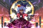  brooch dress expressionless gem hair_ornament jewelry leaf_hair_ornament long_sleeves looking_at_viewer magic nanato pillar red_dress red_eyes rope short_hair silver_hair solo touhou yasaka_kanako 