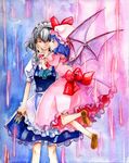  bat_wings blue_hair braid hat izayoi_sakuya knife maid millipen_(medium) multiple_girls remilia_scarlet ribbon shiroaisa short_hair silver_hair touhou traditional_media twin_braids watercolor_(medium) wings 