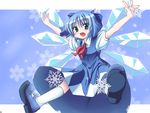 bad_id bad_pixiv_id blue_eyes blue_hair bow cirno dress fang hair_bow ice mary_janes outstretched_arms pilky ribbon shoes short_hair smile snowflakes solo spread_arms touhou wings 