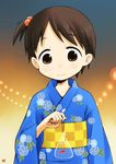  bag bagged_fish blue_kimono brown_eyes brown_hair fish floral_print flower goldfish hair_bobbles hair_ornament ichiban_hoshi ichigo_mashimaro itou_chika japanese_clothes kimono morning_glory short_hair side_ponytail solo yukata 