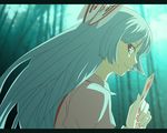  a.torii anime_coloring bamboo bamboo_forest fake_screenshot forest fujiwara_no_mokou hair_ribbon holding letterboxed long_hair looking_back moonlight nature ofuda profile red_eyes ribbon silver_hair smile solo touhou white_hair 