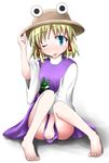  adjusting_clothes adjusting_hat bad_feet baerun barefoot blonde_hair blue_eyes covering covering_crotch frog hat moriya_suwako one_eye_closed short_hair skirt skirt_tug solo tongue touhou 