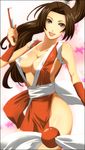  bad_id bad_pixiv_id bare_shoulders breasts brown_eyes brown_hair cleavage closed_fan covered_nipples fan fatal_fury folding_fan hamu_(artist) large_breasts long_hair open_mouth pelvic_curtain ponytail revealing_clothes shiranui_mai smile solo the_king_of_fighters 
