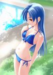  bikini blue_hair brown_eyes flat_chest front-tie_top grass idolmaster idolmaster_(classic) kisaragi_chihaya long_hair navel ponnetsu pool side-tie_bikini solo swimsuit 