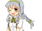  :d ;d bad_id bad_pixiv_id blush green_hairband grey_eyes grey_hair hairband kantai_collection koromoroko10 long_hair low-tied_long_hair neck_ribbon one_eye_closed open_mouth ribbon smile solo suspenders upper_body white_background yamagumo_(kantai_collection) 