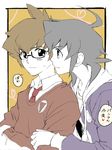  blush brown_hair danball_senki flat_color glasses grey_hair heart male_focus multiple_boys necktie ochi_marco oozora_hiro spoken_heart sweat sweater translation_request upper_body yamano_ban 