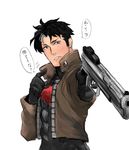  batman_(series) blue_eyes bodyarmor dc_comics emblem gun jacket jason_todd leather leather_jacket male male_focus multicolored_hair red_hood red_hood_(dc) simple_background solo two-tone_hair weapon white_background 