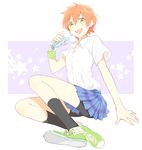  :d black_legwear bottle collared_shirt green_footwear hoshizora_rin karuha looking_at_viewer love_live! love_live!_school_idol_project open_mouth orange_hair plaid plaid_skirt pleated_skirt popped_collar shirt shoes short_hair short_sleeves shorts shorts_under_skirt skirt smile socks solo star starry_background sweatband white_shirt yellow_eyes 