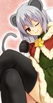 animal_ears blush capelet grey_hair highres mouse_ears mouse_tail nazrin nnyara red_eyes short_hair simple_background smile solo tail touhou 