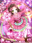  :d bow brown_hair frilled_skirt frills green_eyes hair_bow hair_ribbon holding japanese_clothes kimono kimono_skirt lolita_fashion long_hair looking_at_viewer official_art open_mouth original ribbon seiten_ragnarok shitou skirt smile solo wa_lolita wand 