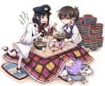  :3 :d a7m_reppuu ahoge aircraft airplane anger_vein black_eyes black_hair cat chopsticks cushion dress female_admiral_(kantai_collection) flying_sweatdrops food hat horns kaga_(kantai_collection) kagami_mochi kantai_collection kotatsu leg_up long_hair lying matsuryuu mittens multiple_girls muneate noodles northern_ocean_hime open_mouth peaked_cap purple_hair shide shinkaisei-kan short_hair side_ponytail sleeping smile soba table tama_(kantai_collection) tasuki teruyof tiptoes translated white_dress white_hair white_skin 