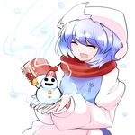  ^_^ bow closed_eyes hair_bow hat kashuu_(b-q) letty_whiterock open_mouth purple_hair red_scarf ribbon scarf short_hair smile snowman solo touhou 