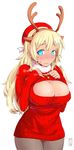  2014 alternate_costume antlers aqua_eyes atago_(kantai_collection) blonde_hair blush breasts cleavage cleavage_cutout cowboy_shot dated fur_collar hat highres kantai_collection large_breasts long_hair looking_at_viewer meme_attire nekoguchi open-chest_sweater panties panties_under_pantyhose pantyhose pantyshot pantyshot_(standing) red_panties ribbed_sweater simple_background solo standing sweat sweater turtleneck underwear wavy_mouth white_background 