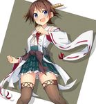  :d blue_eyes blush brown_hair brown_legwear detached_sleeves downscaled headgear hiei_(kantai_collection) kantai_collection md5_mismatch metindone no_legwear nontraditional_miko open_mouth resized skirt smile solo 