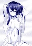  arms_behind_head arms_up breasts collarbone covered_nipples fundoshi japanese_clothes kaga_(kantai_collection) kantai_collection large_breasts looking_at_viewer monochrome navel open_clothes see-through side_ponytail sitting solo tomomimi_shimon upper_body 