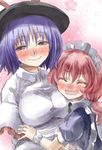  ^_^ blue_hair blush breasts capelet closed_eyes commentary_request dress_shirt fairy_maid hat large_breasts long_hair looking_at_viewer low_twintails maid maid_headdress multiple_girls nagae_iku open_mouth pink_hair red_eyes shirt short_hair smile touhou twintails upper_body wrist_cuffs yohane 