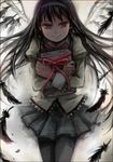  akemi_homura black_feathers black_hair black_legwear bow crossed_arms dark earrings gift hairband head_tilt jewelry long_hair long_sleeves looking_at_viewer mahou_shoujo_madoka_magica mahou_shoujo_madoka_magica_movie pantyhose pleated_skirt red_eyes red_ribbon ribbon school_uniform silverxp single_earring skirt smile solo spoilers standing very_long_hair wings 