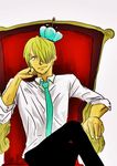  1boy chair crown male male_focus one_piece red_upholstery sanji sitting throne 