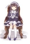  alternate_costume bangs black_eyes black_hair blunt_bangs chair character_name dress frilled_dress frilled_sleeves frills full_body gothic_lolita hands_on_own_knees hatsuyuki_(kantai_collection) headdress highres hime_cut kantai_collection kneehighs komachi_narota lolita_fashion long_hair long_sleeves sitting solo twitter_username white_background 