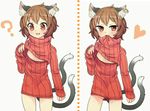  :3 ? alternate_costume animal_ears blush brown_eyes brown_hair cat_ears cat_tail chen cleavage_cutout dotted_line fang heart ibaraki_natou jewelry looking_at_viewer meme_attire mouth_hold multiple_tails naughty_face nekomata open-chest_sweater open_mouth red_eyes ribbed_sweater short_hair simple_background single_earring smile solo sweater tail touhou turtleneck white_background 