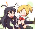  2girls ahoge black_hair blonde_hair blush carrying closed_eyes crescent kantai_collection konokiya long_hair maikaze_(kantai_collection) mikazuki_(kantai_collection) multiple_girls open_mouth ponytail princess_carry school_uniform twitter_username white_background yellow_eyes 