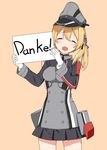  ^_^ anchor_hair_ornament blush breasts closed_eyes cowboy_shot german gloves hair_ornament hat holding holding_sign kantai_collection low_twintails medium_breasts open_mouth orange_background peaked_cap prinz_eugen_(kantai_collection) sign skirt solo takayaki translated twintails white_gloves 