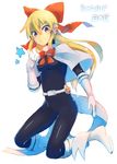  alternate_costume arm_at_side blonde_hair blue_eyes bodysuit boots bow capelet gloves hair_bow hair_ribbon kneeling leotard long_hair long_sleeves looking_at_viewer magukappu pointing pointing_up ribbon rockman rockman_exe shanghai_doll skin_tight smile solo touhou white_footwear white_gloves 