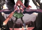  arm_cannon bad_id bad_pixiv_id banned_artist bird_wings black_legwear boots bow breasts brown_hair cape green_bottomwear green_bow green_skirt hair_bow large_breasts long_hair looking_at_viewer mismatched_footwear molten_rock pantyhose red_eyes reiuji_utsuho shirt short_sleeves skirt smile solo third_eye touhou weapon wings zairen 