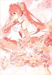  bad_id bad_pixiv_id boots cherry_blossoms detached_sleeves flower fuuko_(2679566944) hair_flower hair_ornament hatsune_miku highres long_hair necktie pink_footwear red_eyes red_hair sakura_miku skirt solo thigh_boots thighhighs twintails very_long_hair vocaloid 