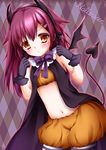  black_gloves brown_eyes demon_tail demon_wings fake_horns gloves hair_ornament hairband hairclip leaning_forward long_hair looking_at_viewer navel original pumpkin_pants purple_hair shitou solo tail wings 