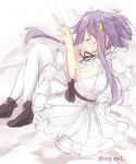  character_name closed_eyes crescent crescent_hair_ornament dress fetal_position frilled_dress frills hair_ornament kantai_collection komachi_narota light_smile lolita_fashion lying on_side purple_hair shoes short_hair_with_long_locks sleeping sweet_lolita thighhighs twitter_username yayoi_(kantai_collection) 