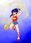  1girl amazon ankle_lace-up black_hair cross-laced_footwear dc_comics donna_troy eagle_(symbol) lasso red_shoes shoes solo star_print wonder_girl wonder_woman_(series) 