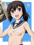  2014 :d abriel00 black_hair blue_background border breasts budget_sarashi dated fubuki_(kantai_collection) heart kantai_collection looking_at_viewer navel open_mouth purple_eyes sailor_collar sarashi small_breasts smile solo upper_body white_border 