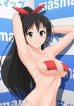  antenna_hair aqua_eyes arms_behind_head bikini black_hair earrings ganaha_hibiki hoop_earrings idolmaster idolmaster_(classic) jewelry long_hair looking_at_viewer micro_bikini navel ponytail red_bikini side-tie_bikini smile solo swimsuit tengu_(tetuo_kun) upper_body very_long_hair 