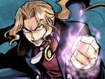  ascot aura blonde_hair brown_eyes energy_ball glowing high_collar jacket male_focus open_mouth phantom_brave ponytail raised_fist solo walnut_(phantom_brave) watarizora_tsubamemaru 