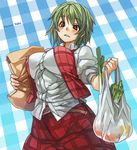  bag breasts character_name green_hair groceries grocery_bag impossible_clothes impossible_shirt kazami_yuuka large_breasts perky_breasts plaid plaid_background red_eyes revision sachito shirt shopping_bag short_hair skirt solo touhou vest 