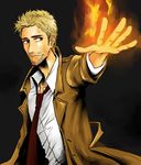  1boy blonde_hair brown_eyes dark_background dc_comics facial_hair fire hellblazer jacket john_constantine male male_focus necktie petri shirt solo stubble trench_coat white_shirt 