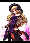  alternate_costume bad_id bad_pixiv_id bangs black_legwear blonde_hair blunt_bangs bow garter_straps hair_bow hand_on_own_chest hat highres hime_cut letterboxed long_hair looking_at_viewer purple_eyes s-syogo side_slit sleeveless smile solo thighhighs touhou yakumo_yukari 