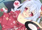  :d alcohol blush breasts cleavage drunk dutch_angle from_above hair_ornament japanese_clothes kimono large_breasts long_hair looking_at_viewer looking_up matoi_(pso2) milkpanda open_mouth phantasy_star phantasy_star_online_2 red_eyes sake silver_hair smile solo translation_request 