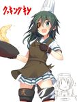  apron aqua_eyes black_gloves chef_hat cowboy_shot diving_mask diving_mask_on_head downscaled eating eyepatch gloves hat highres kantai_collection kiso_(kantai_collection) ladle long_hair maru-yu_(kantai_collection) md5_mismatch metindone multiple_girls open_mouth resized school_uniform serafuku short_sleeves simple_background skirt white_background wok 