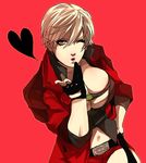  bad_id bad_pixiv_id beltbra blown_kiss breasts cleavage coat dante_(devil_may_cry) devil_may_cry devil_may_cry_4 fingerless_gloves genderswap genderswap_(mtf) ggxxryokan gloves highres huge_breasts jacket navel one_eye_closed platinum_blonde_hair red_jacket short_hair short_shorts shorts solo 