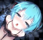  aqua_eyes aqua_hair bai_yemeng bare_shoulders black_bra blush bra bra_strap breasts collarbone downblouse eyebrows_visible_through_hair eyes_visible_through_hair from_above hair_ornament hatsune_miku highres long_hair long_sleeves looking_at_viewer looking_up nose_blush open_mouth revision sitting small_breasts solo underwear very_long_hair vocaloid 