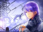  bad_id bad_pixiv_id cup earrings face gears jewelry original purple_eyes purple_hair scarf short_hair snowing solo transmission_tower upper_body winter_clothes xiaoshou_xiansheng 