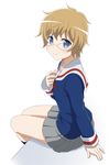  bad_id bad_pixiv_id blonde_hair blue_eyes blush glasses highres mikakunin_de_shinkoukei momouchi_mayura school_uniform serafuku shira-nyoro short_hair simple_background sitting skirt smile solo white_background 